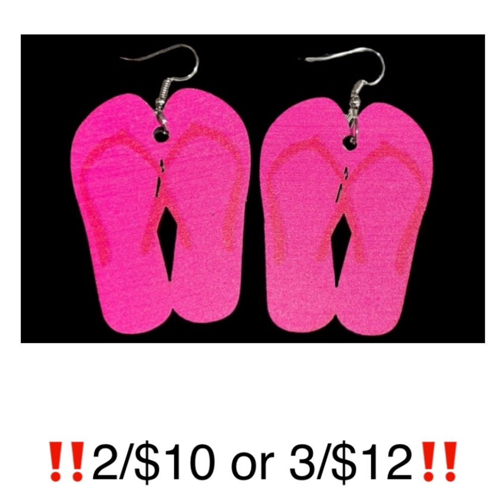 Hot Pink Wooden & French Wire Dangling Pierced Summer Flip Flop Shaped Earrings